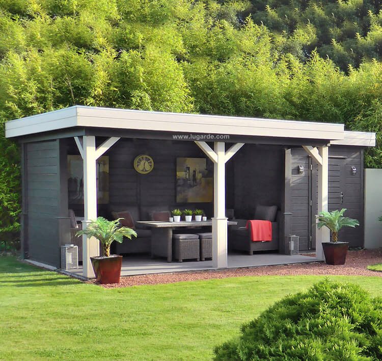 Lugarde Summerhouse SP46b is a modern flat roofed summerhouse. Alongside a smaller room suitable for storage it has a spacious patio that is ideal for launching as shown in this picture. One fully open wall and two semi open walls provide a fantastic view of your garden.