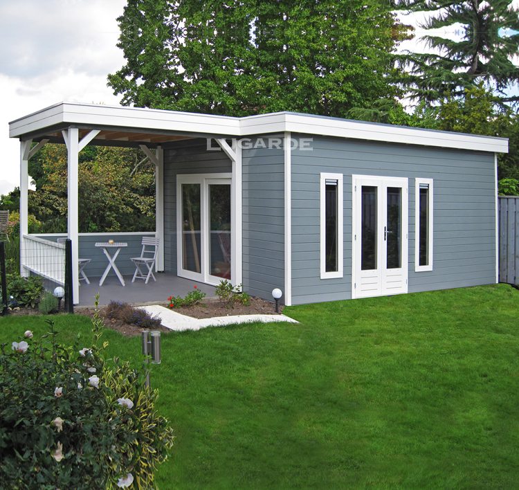 Lugarde flat roof summerhouse PR38 with a canopy from Prima system range.