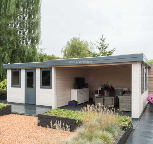 Lugarde Summerhouse PR12 is a modern summerhouse with a lockable area suitable for storage and a spacious patio with one fully open wall that provides a fantastic view of your garden. The flat roofed overhang protects you from rain.