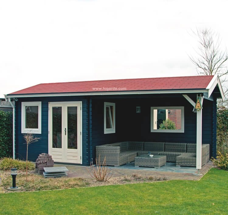 Lugarde Log Cabin B21 is a modern log cabin with a saddle roof that covers a lockable area as well as a large patio. The many windows and the double door make it a bright and airy place to sit and enjoy a fantastic view of your garden.